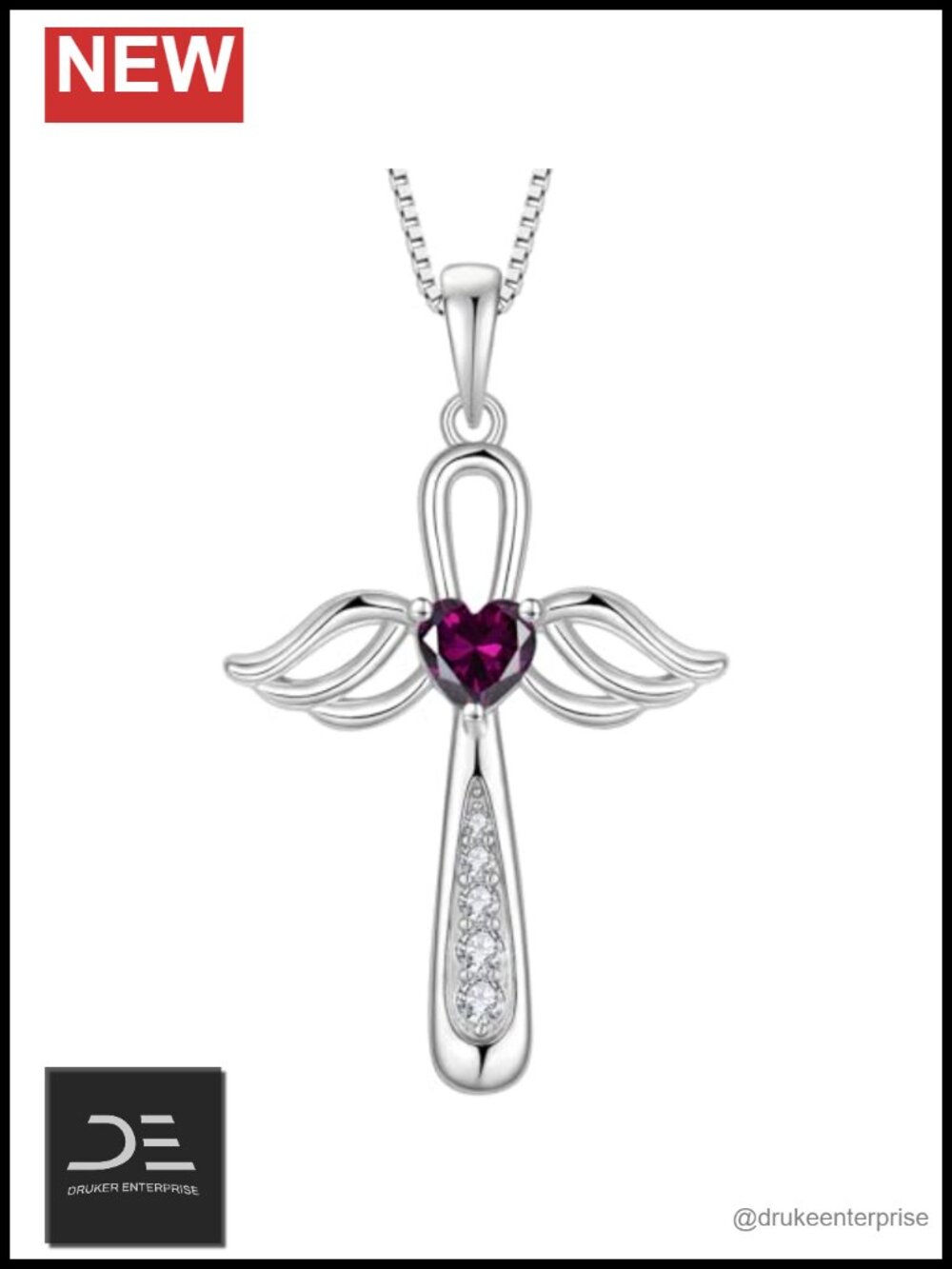 Angel Wings Cross Pendant Necklace 925 Sterling Silver Cubic Zirconia Heart